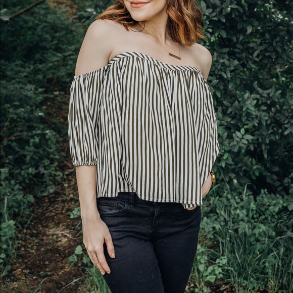 Striped Off The Shoulder Top - Olive - Picture 2 of 8